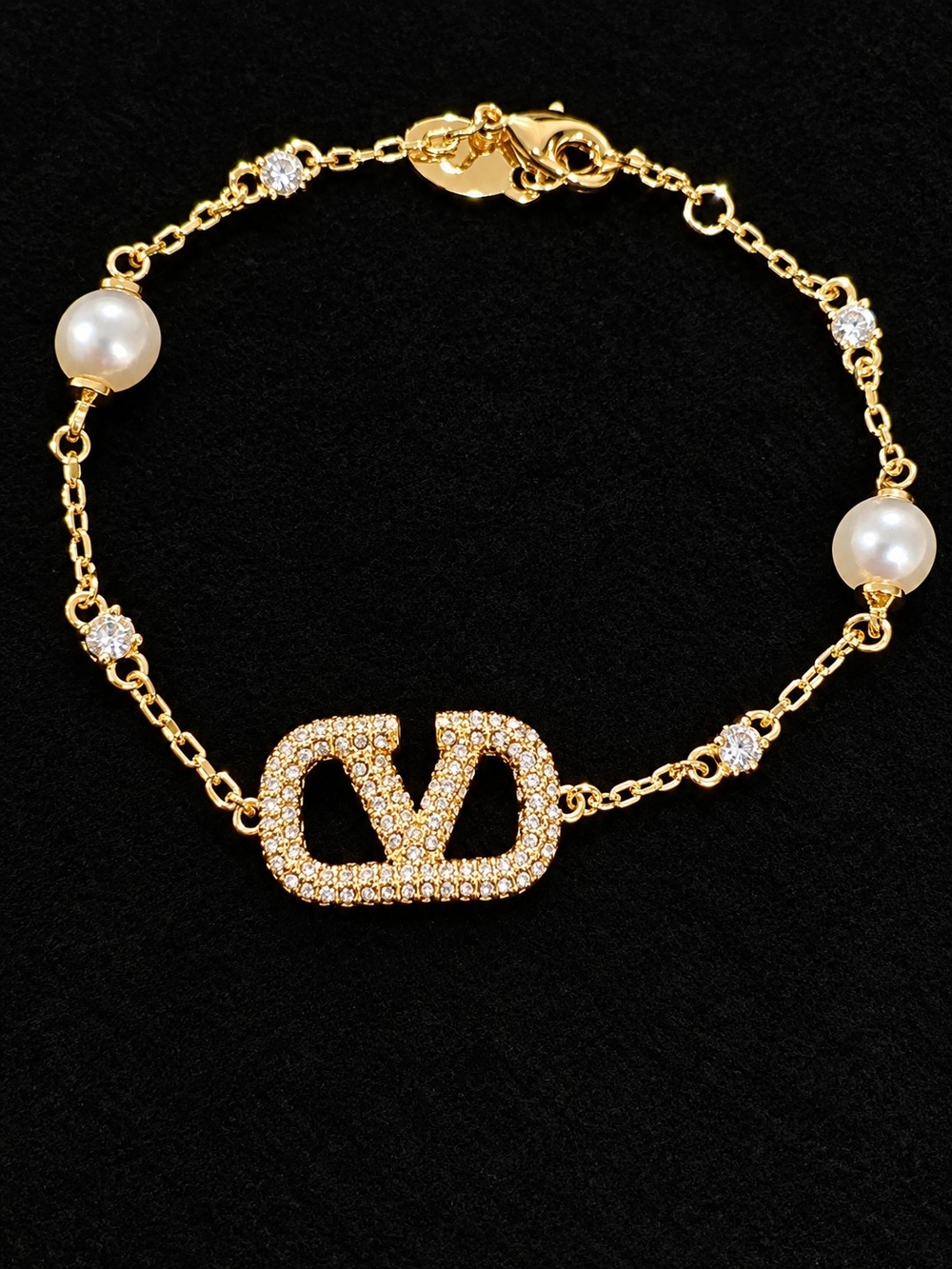 Valentino 18kgp Gold Pearl & Crystal Logo Link Bracelet - Women Jewelry